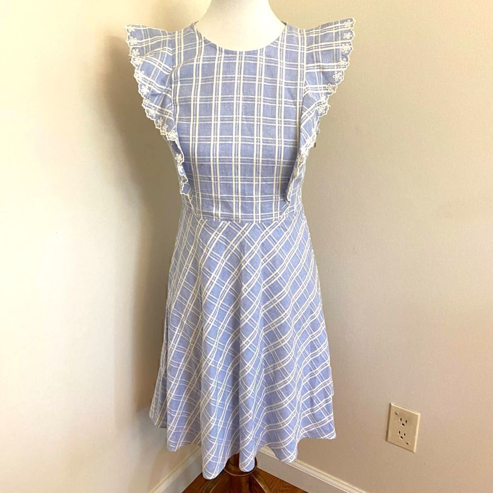 Draper James Linen Blend Embroidered Eyelet Blue Pinafore Ruffle Dress Size 2